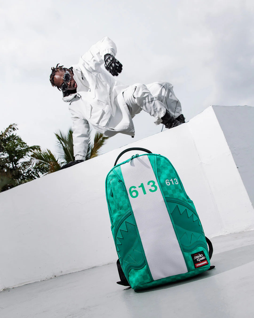 Sprayground Squid Game Collab Jumpsuit Backpack, view 3
