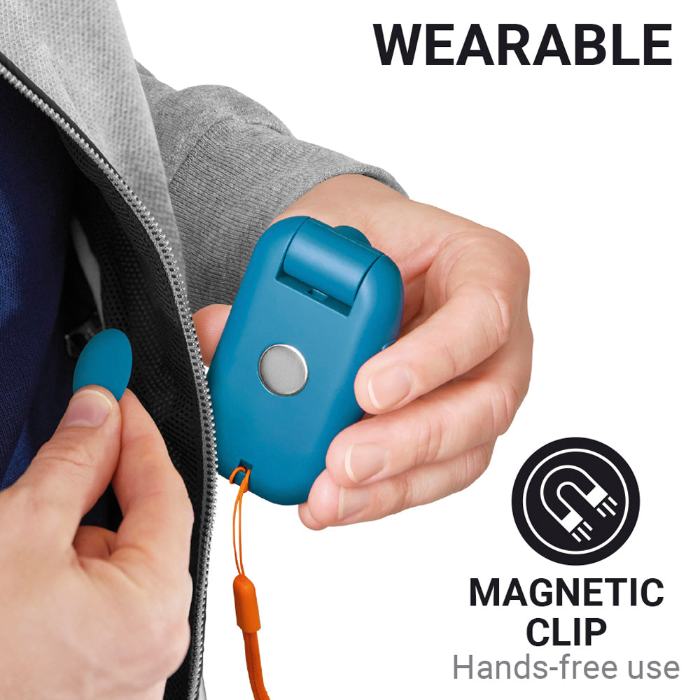 Go Travel Floodlight Wearable Torch in Blue — magnetic clip in use