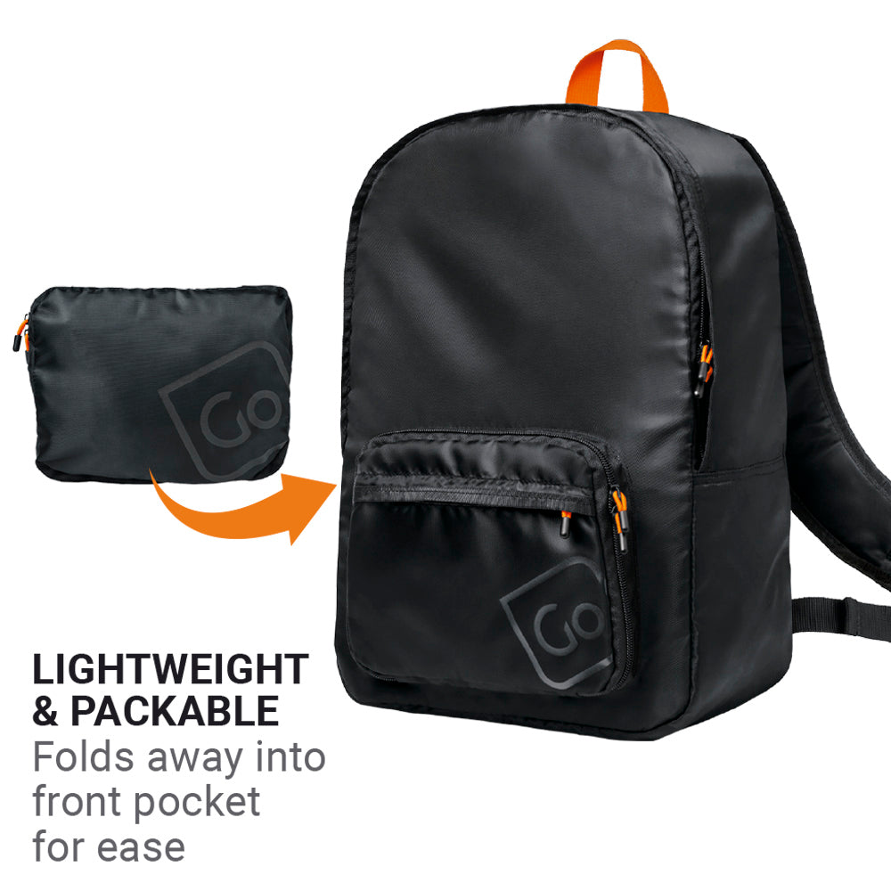 Go Travel Lightweight Foldaway Backpack in Black — folded into front pocket