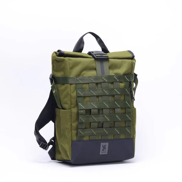 Chrome Industries Barrage 18L backpack – black, rolltop open showing interior
