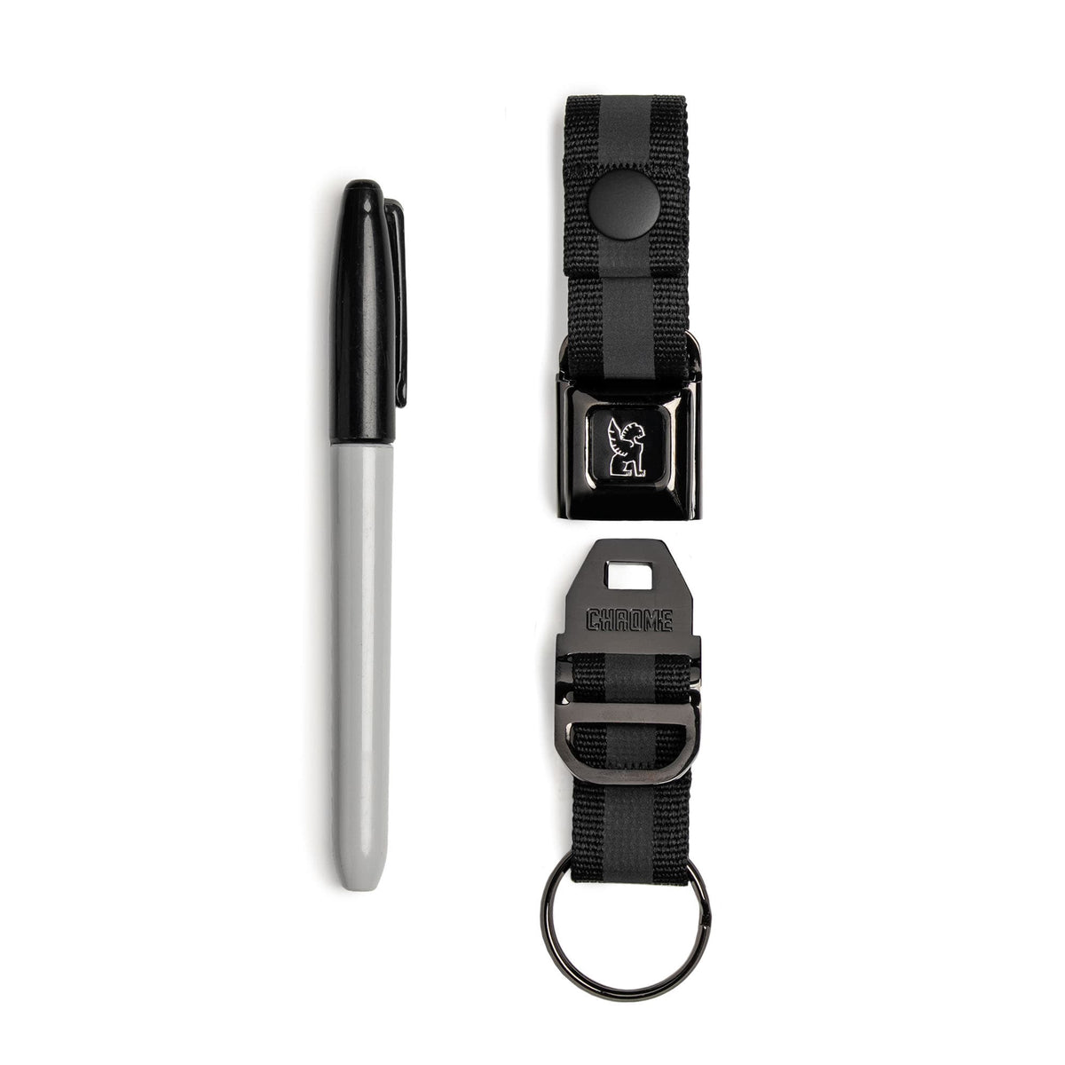 Chrome Industries Mini Buckle Keychain in Black Chrome — angle view 2