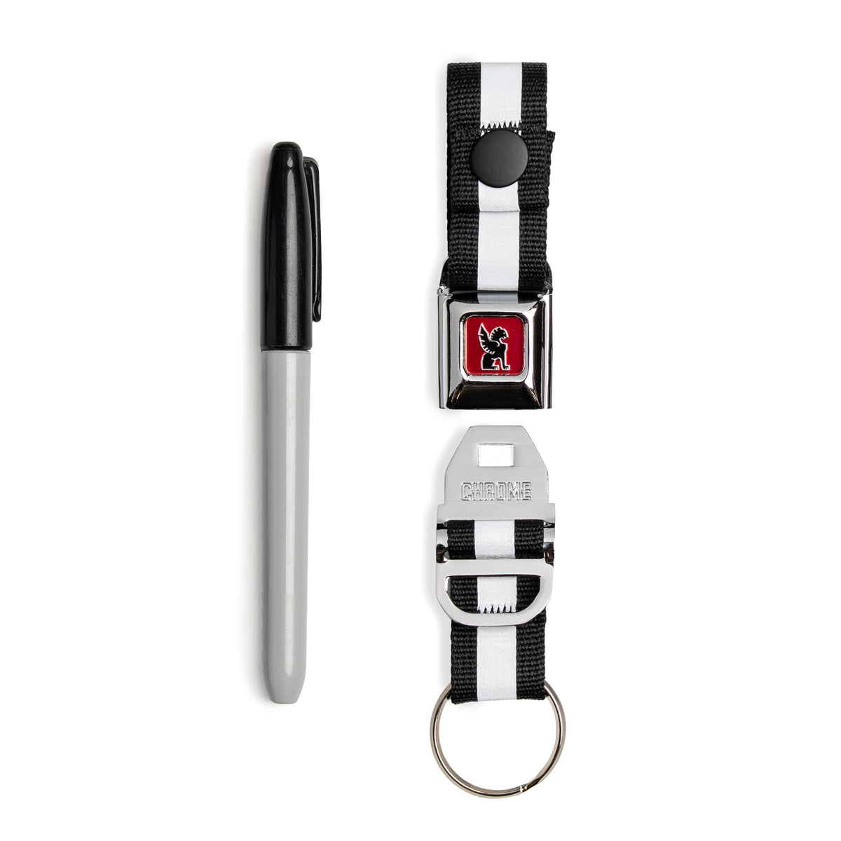 Chrome Industries Mini Buckle Keychain in Silver — detail view