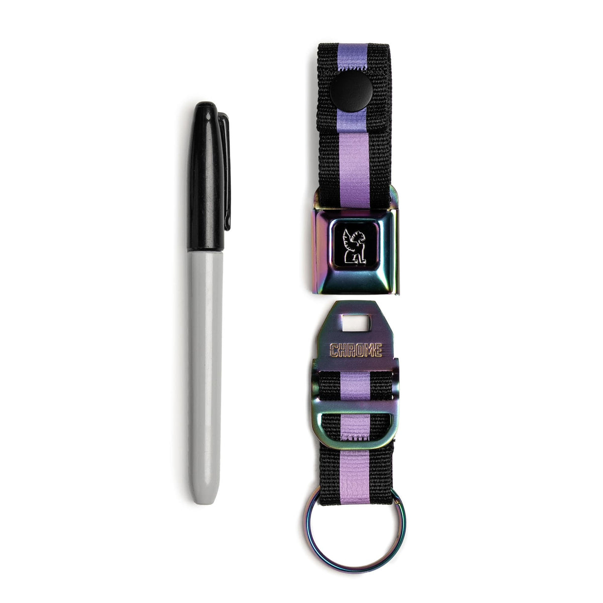 Chrome Industries Mini Buckle Keychain in Rainbow Matte — angle view 2 # color_Rainbow Matte