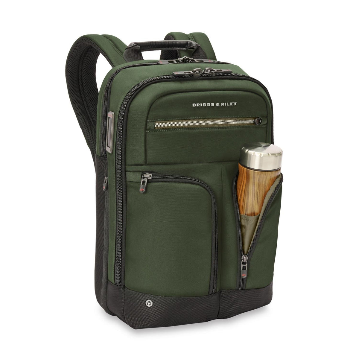 Briggs & Riley HTA Slim Expandable Backpack in Forest — angle view