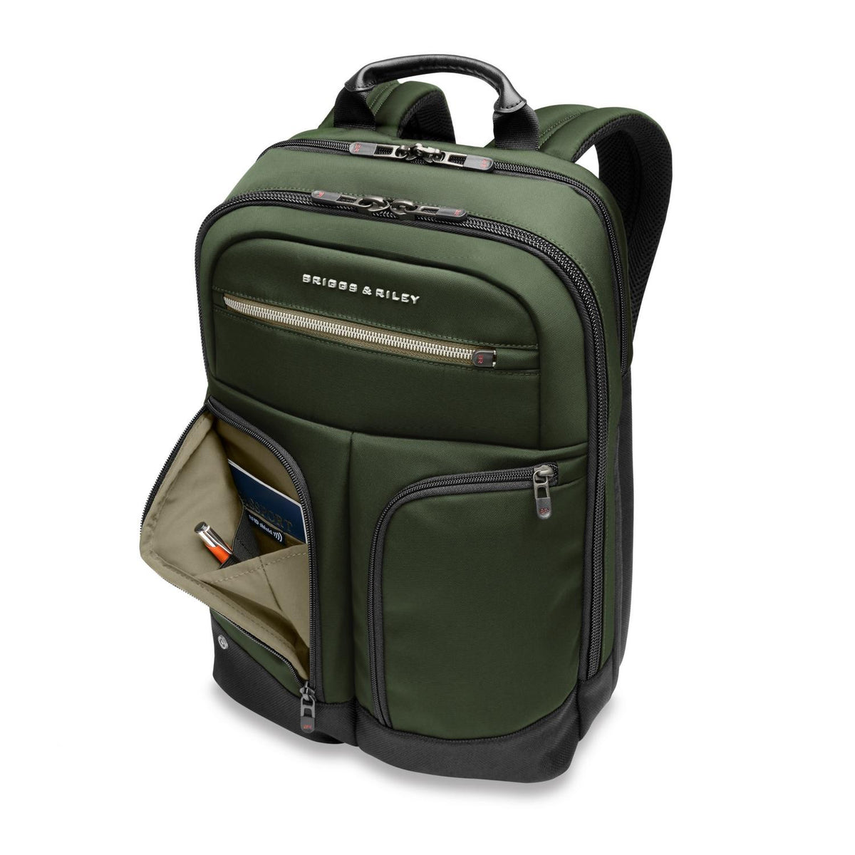 Briggs & Riley HTA Slim Expandable Backpack in Forest — angle view 2