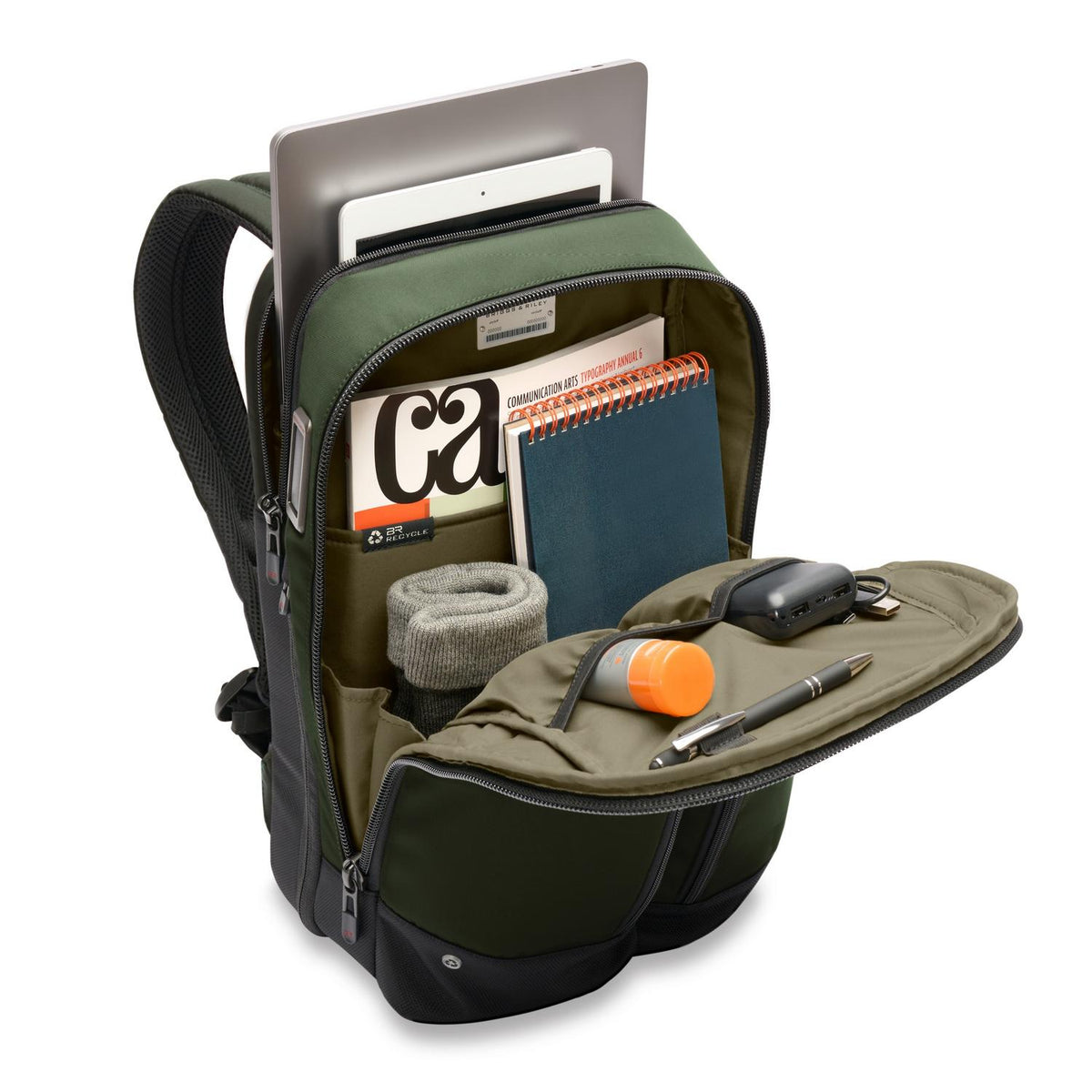 Briggs & Riley HTA Slim Expandable Backpack in Forest — interior view