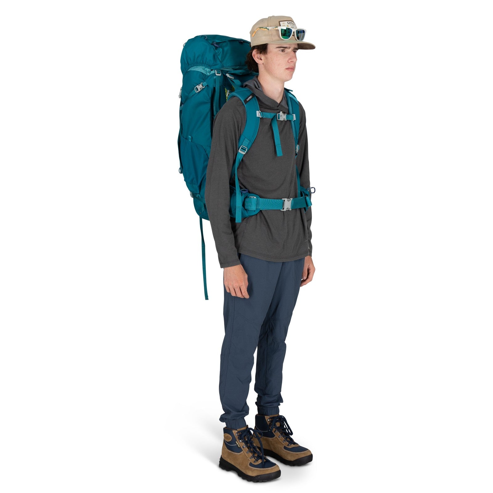 Osprey Ace 65 Kids Hiking Backpack 65L in Blue Spikemoss/Deep Peyto — lifestyle