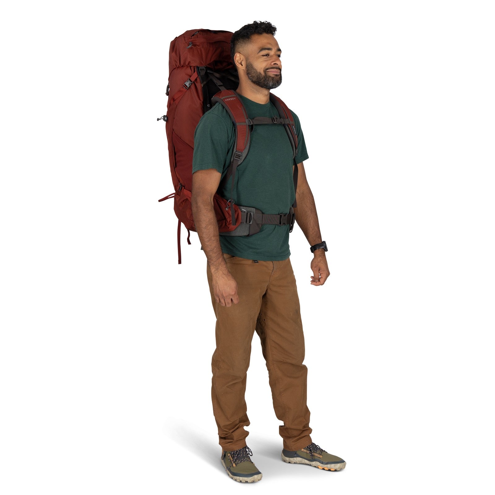Osprey Aether 65 Hiking Backpack 65L in Acorn Red — lifestyle