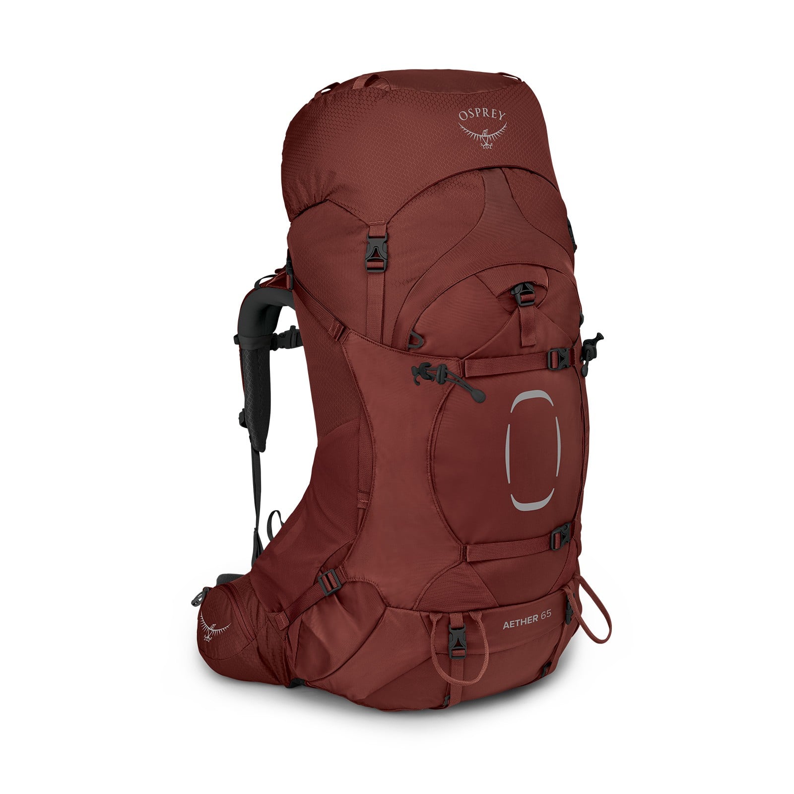 Osprey Aether 65 Hiking Backpack 65L in Acorn Red — front view