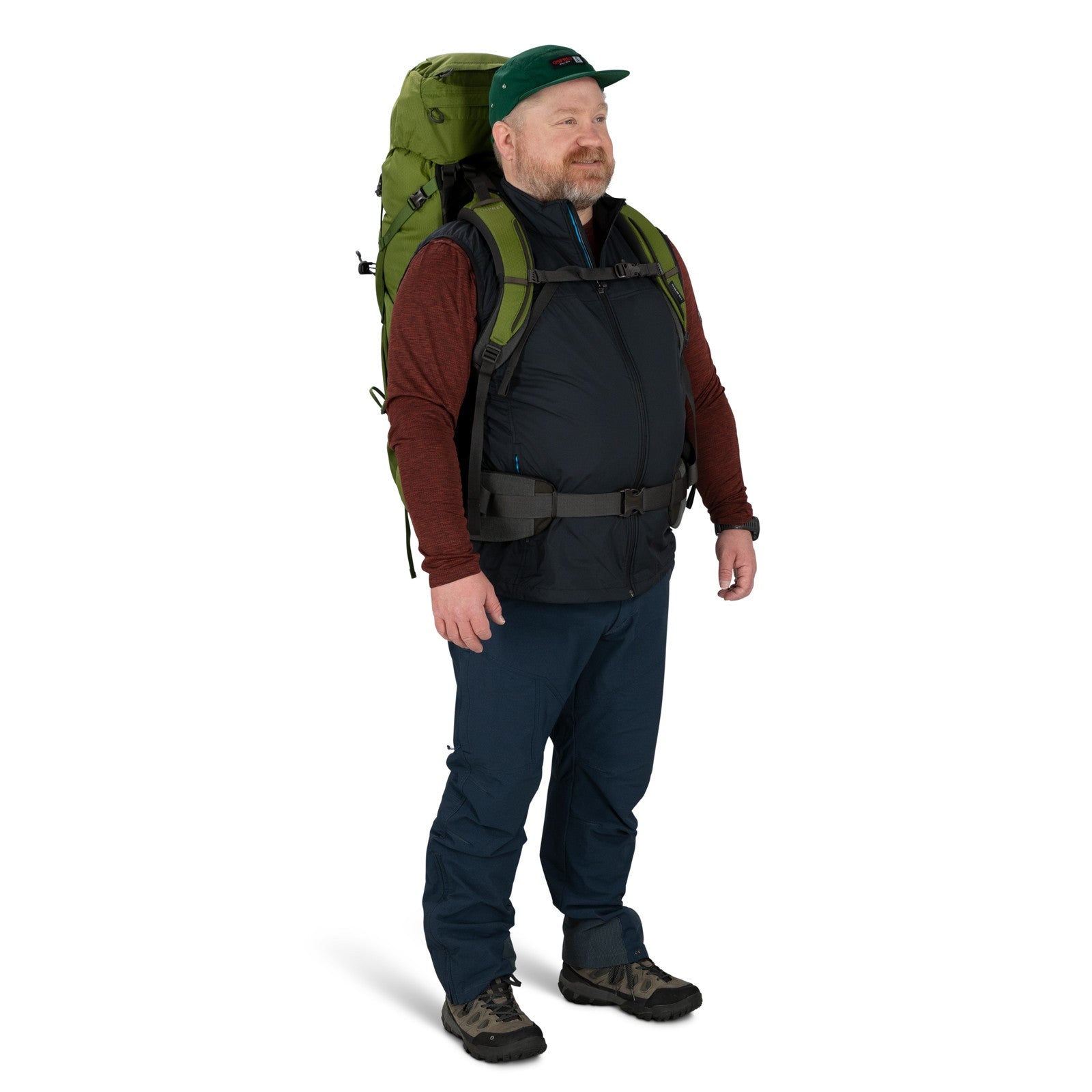 Osprey Aether 65 Extended Fit Hiking Backpack 65L in Garlic Mustard Green — lifestyle