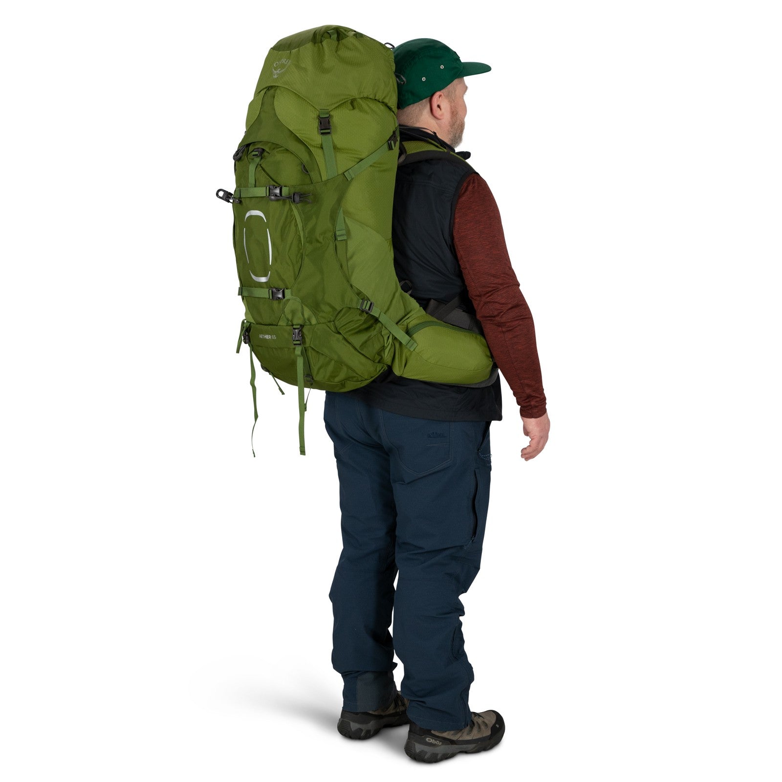 Osprey Aether 65 Extended Fit Hiking Backpack 65L in Garlic Mustard Green — lifestyle 3