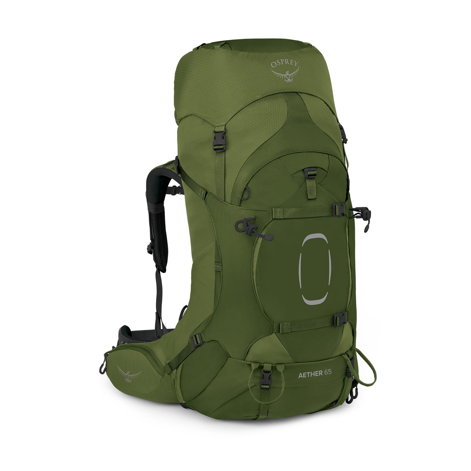 Osprey Aether 65 Extended Fit Hiking Backpack 65L in Garlic Mustard Green — front view