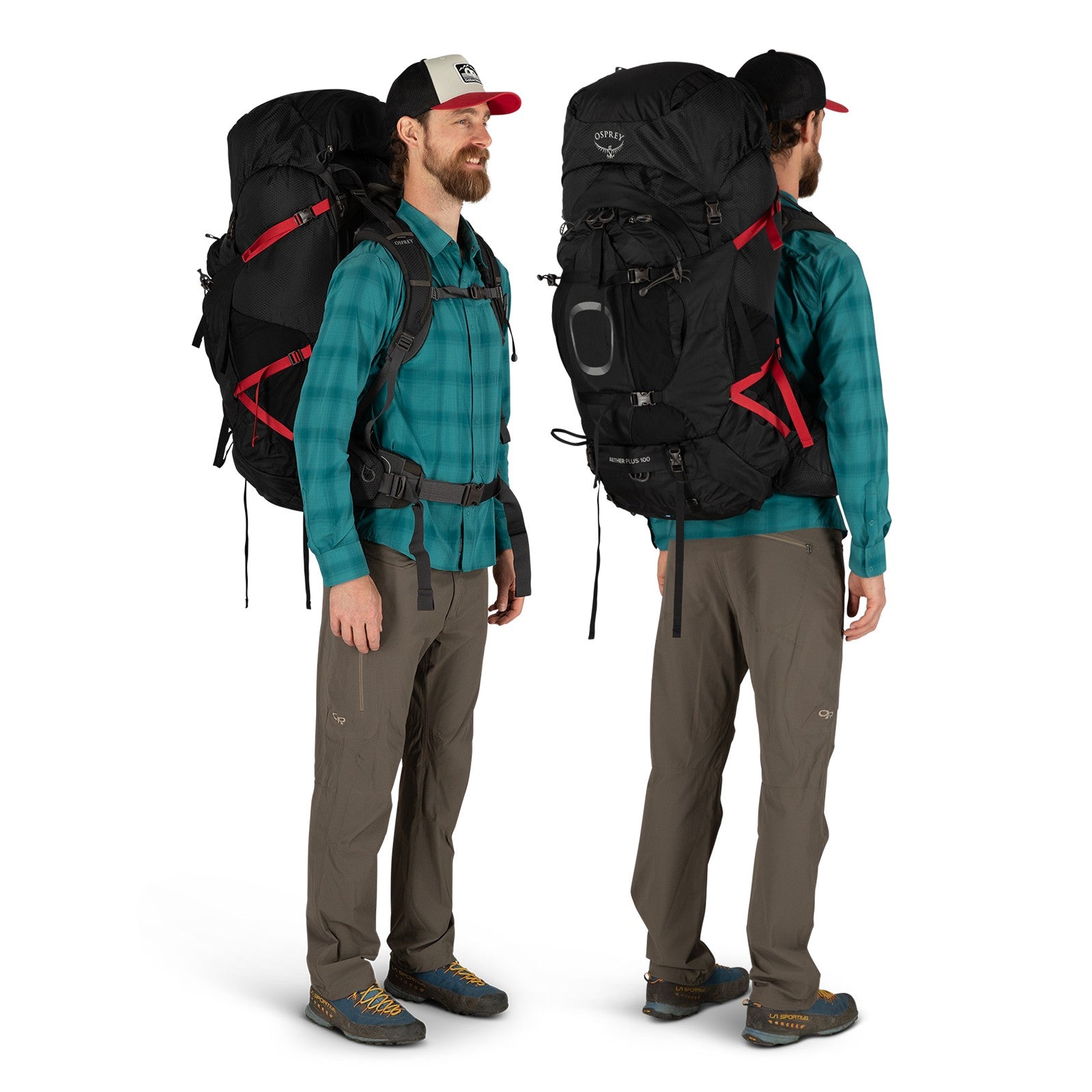 Osprey Aether Plus 100 Hiking Backpack 100L in Black — lifestyle