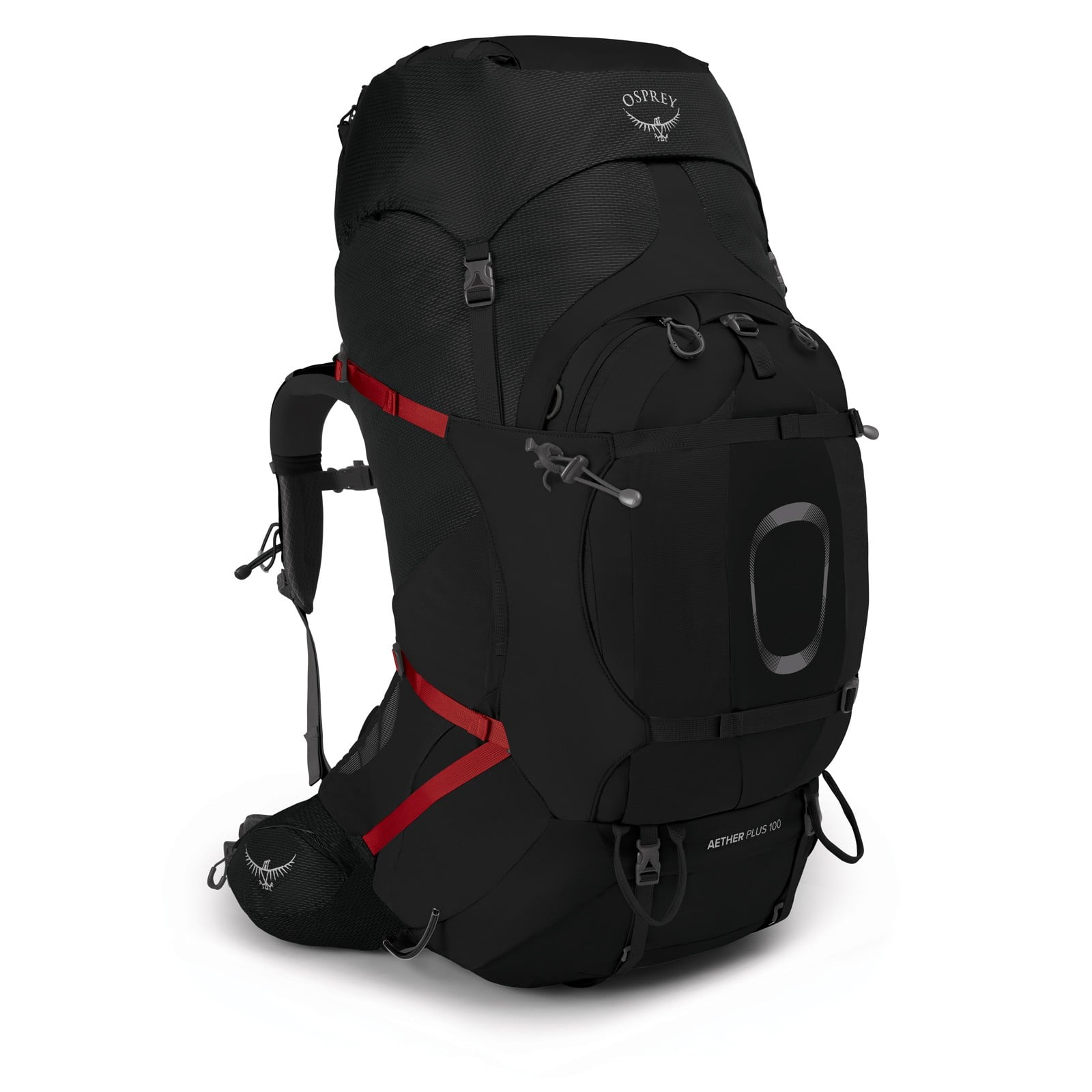 Osprey Aether Plus 100 Hiking Backpack 100L in Black — front view