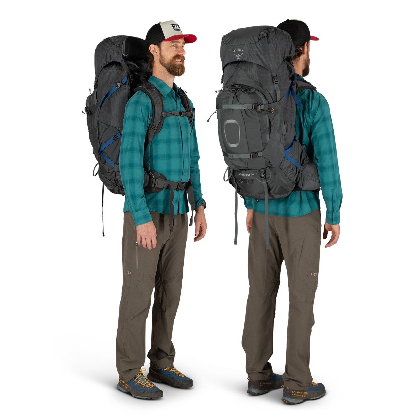 Osprey Aether Plus 70 Hiking Backpack 70L in Eclipse Grey — lifestyle