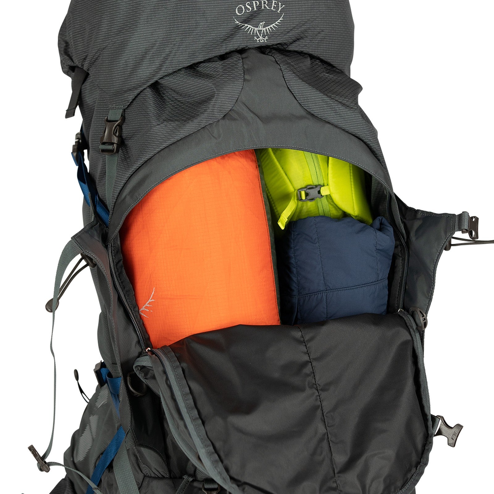 Osprey Aether Plus 70 Hiking Backpack 70L in Eclipse Grey — detail view
