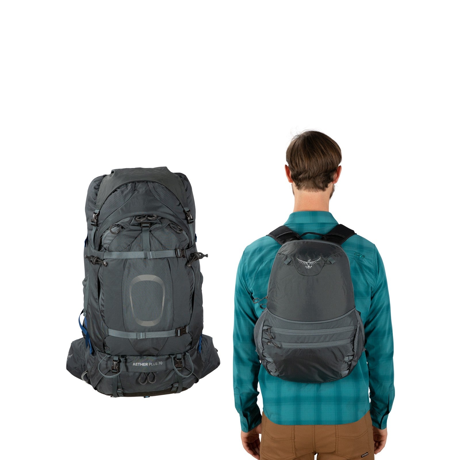 Osprey Aether Plus 70 Hiking Backpack 70L in Eclipse Grey — detail view 2