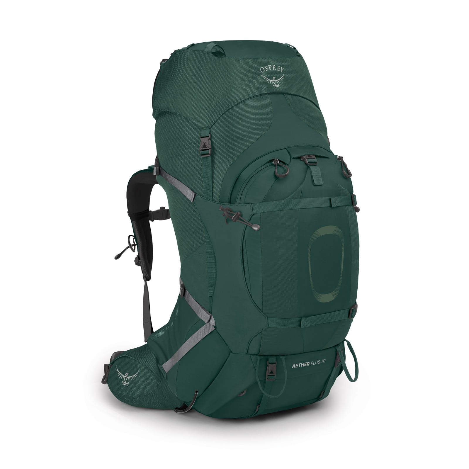 Osprey Aether Plus 70 Hiking Backpack 70L in Axo Green — front view