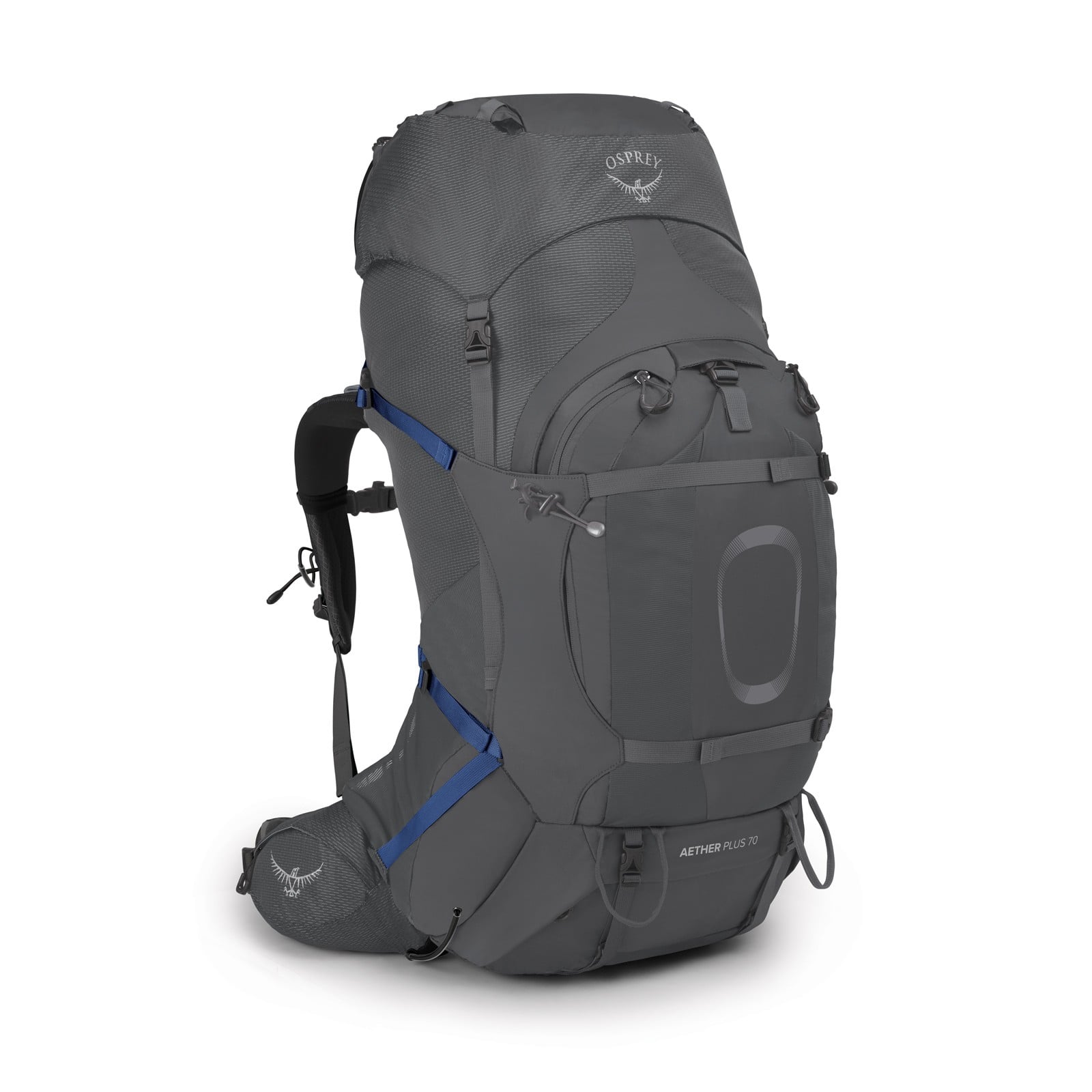 Osprey Aether Plus 70 Hiking Backpack 70L in Eclipse Grey — front view