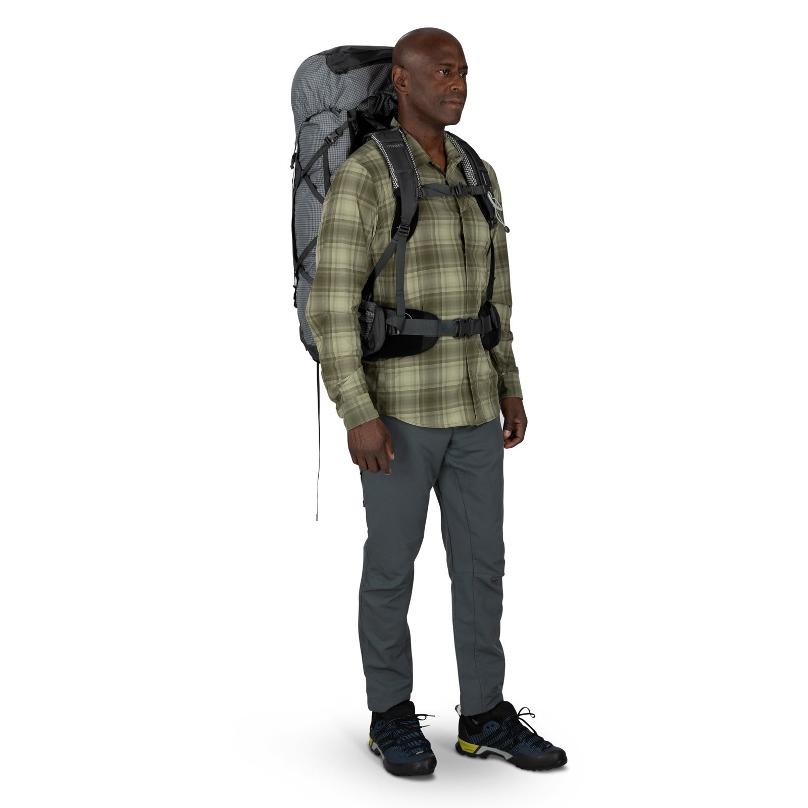 Osprey Aether Pro 75 Hiking Backpack 75L in Silver Lining — lifestyle