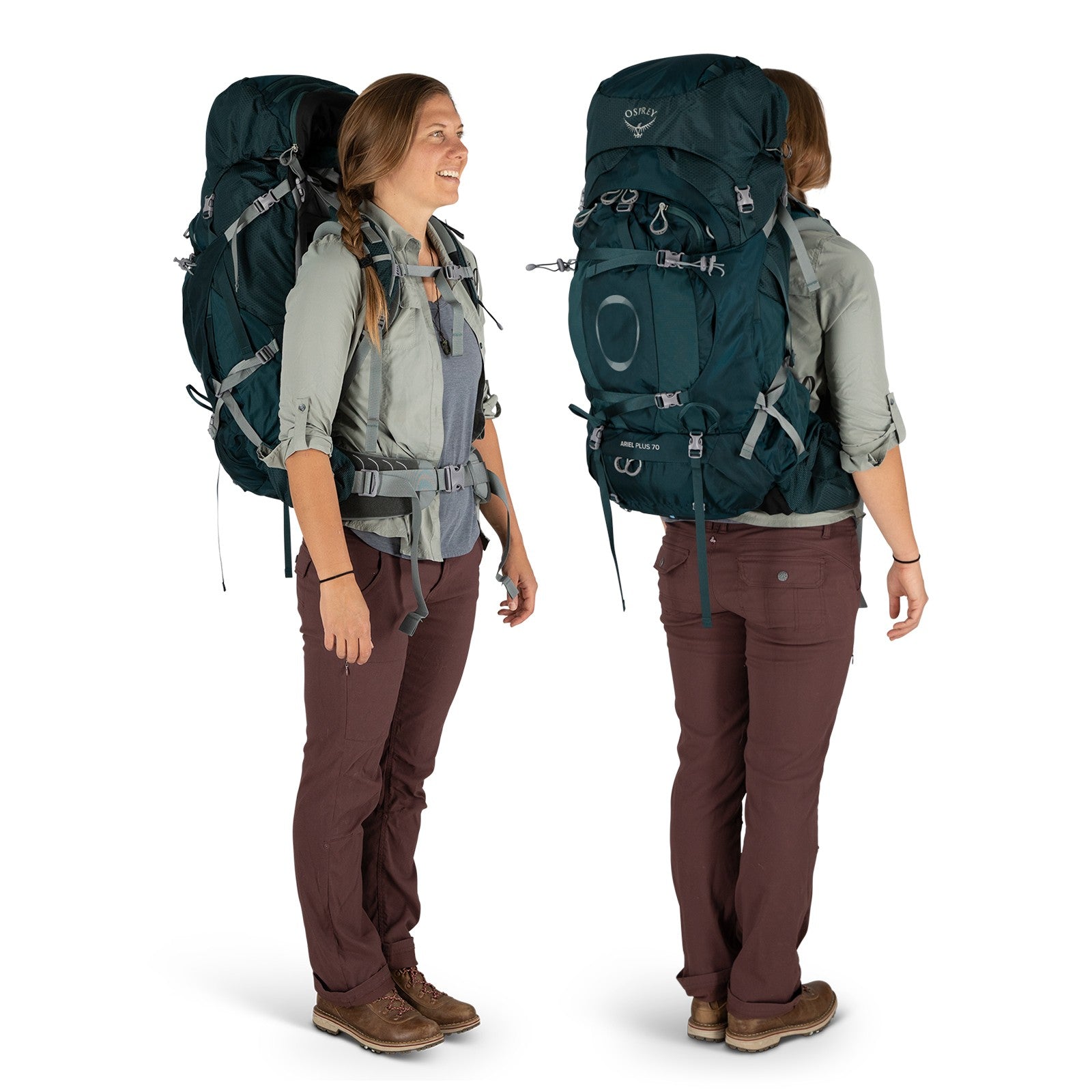 Osprey Ariel Plus 70 Women's Hiking Backpack 70L in Night Jungle Blue — lifestyle