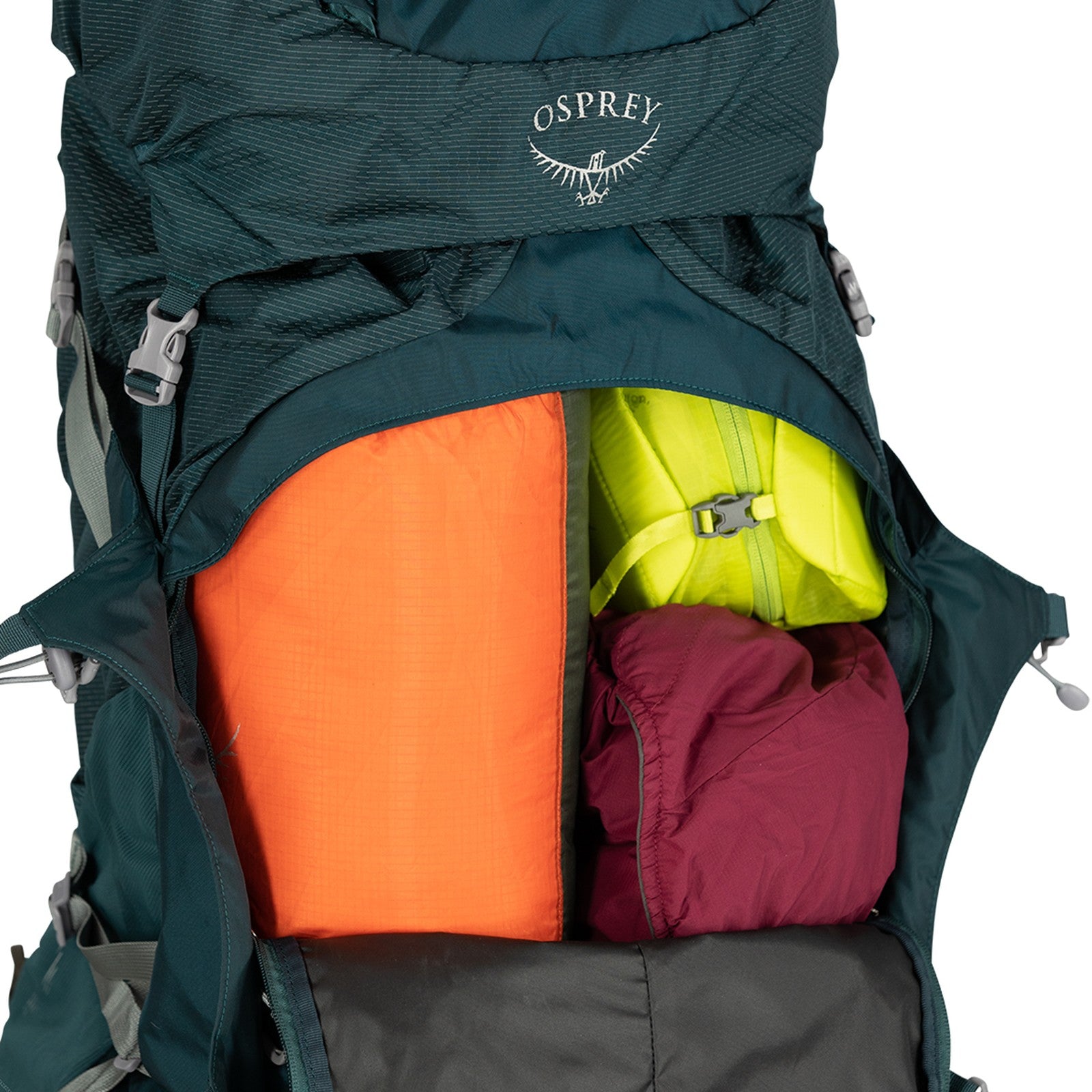 Osprey Ariel Plus 70 Women's Hiking Backpack 70L in Night Jungle Blue — detail view