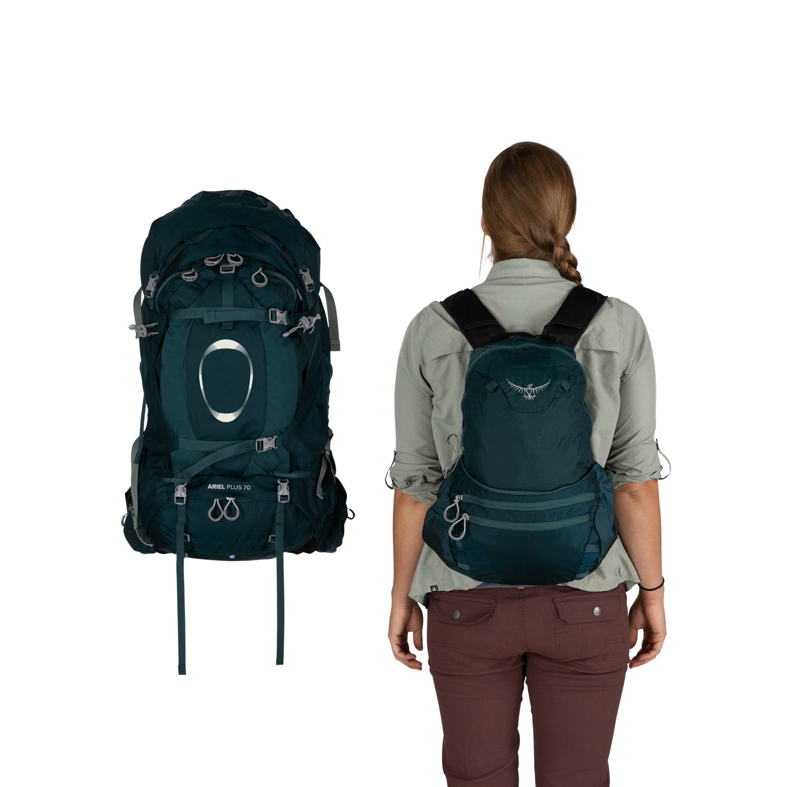 Osprey Ariel Plus 70 Women's Hiking Backpack 70L in Night Jungle Blue — detail view 2