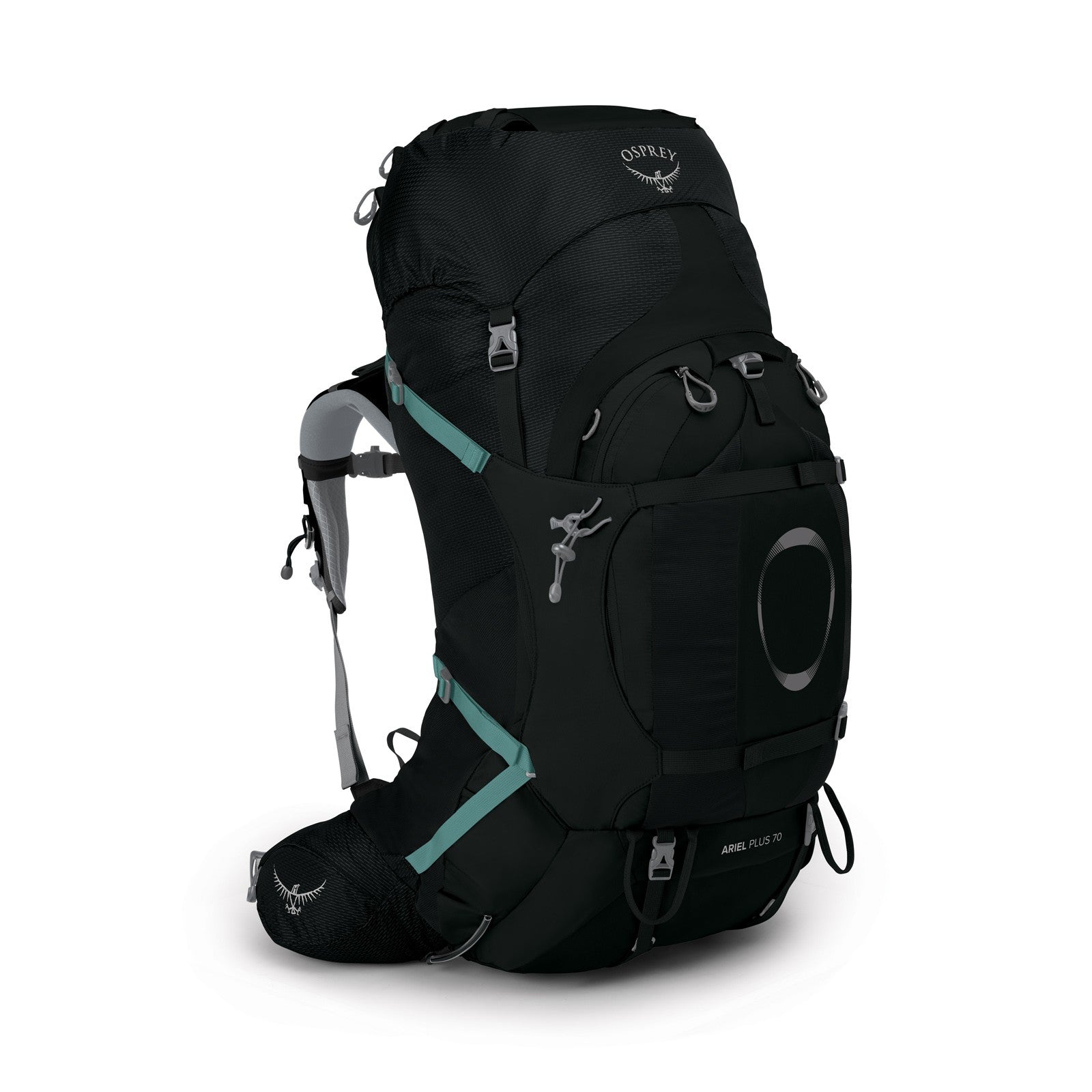 Osprey Ariel Plus 70 Women's Hiking Backpack 70L in Black — front view