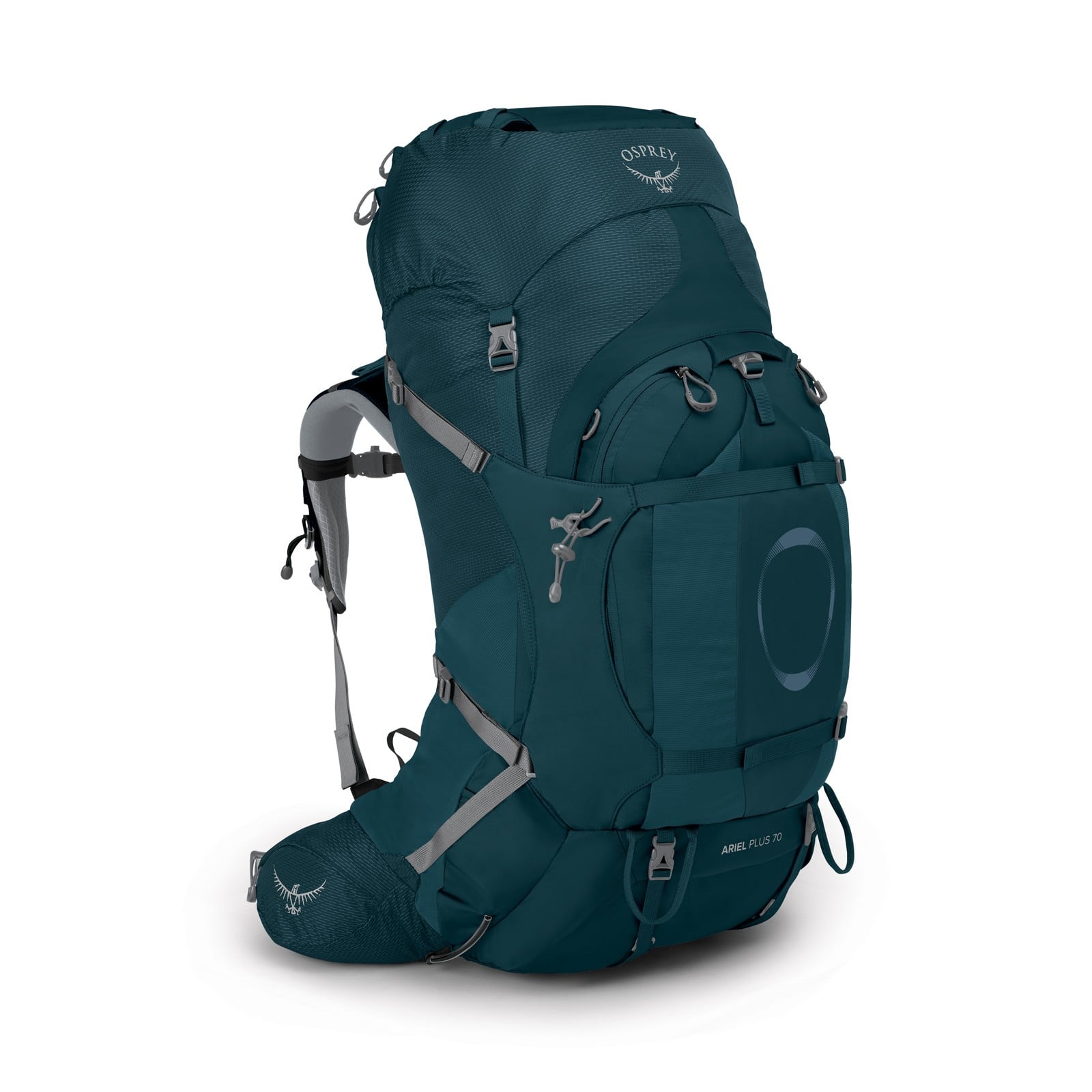 Osprey Ariel Plus 70 Women's Hiking Backpack 70L in Night Jungle Blue — front view