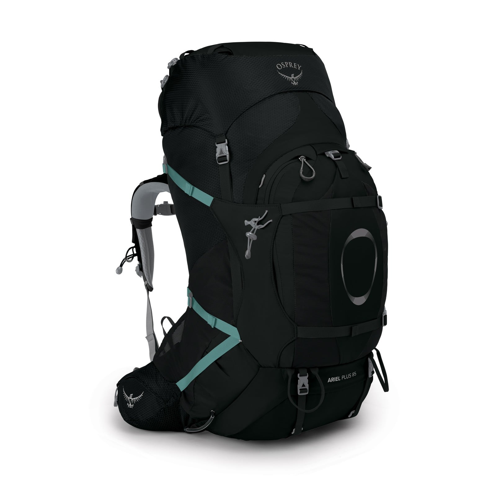 Osprey Ariel Plus 85 Women's Hiking Backpack 85L in Black — front view