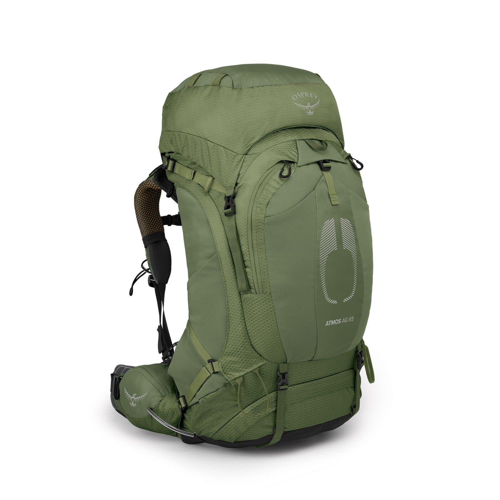 Osprey Atmos AG 65 Backpacking Pack 65L in Mythical Green — front view
