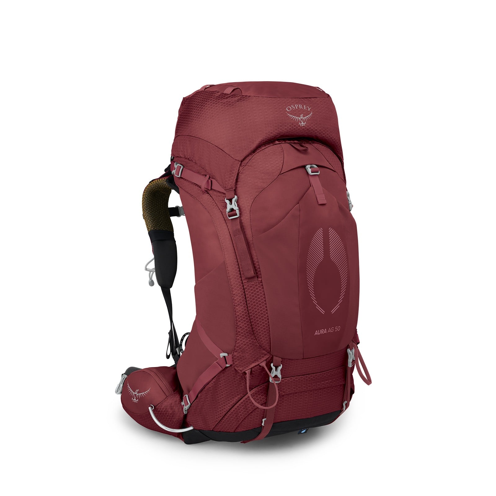 Osprey Aura AG 50 Backpacking Pack 50L in Berry Sorbet Red — front view