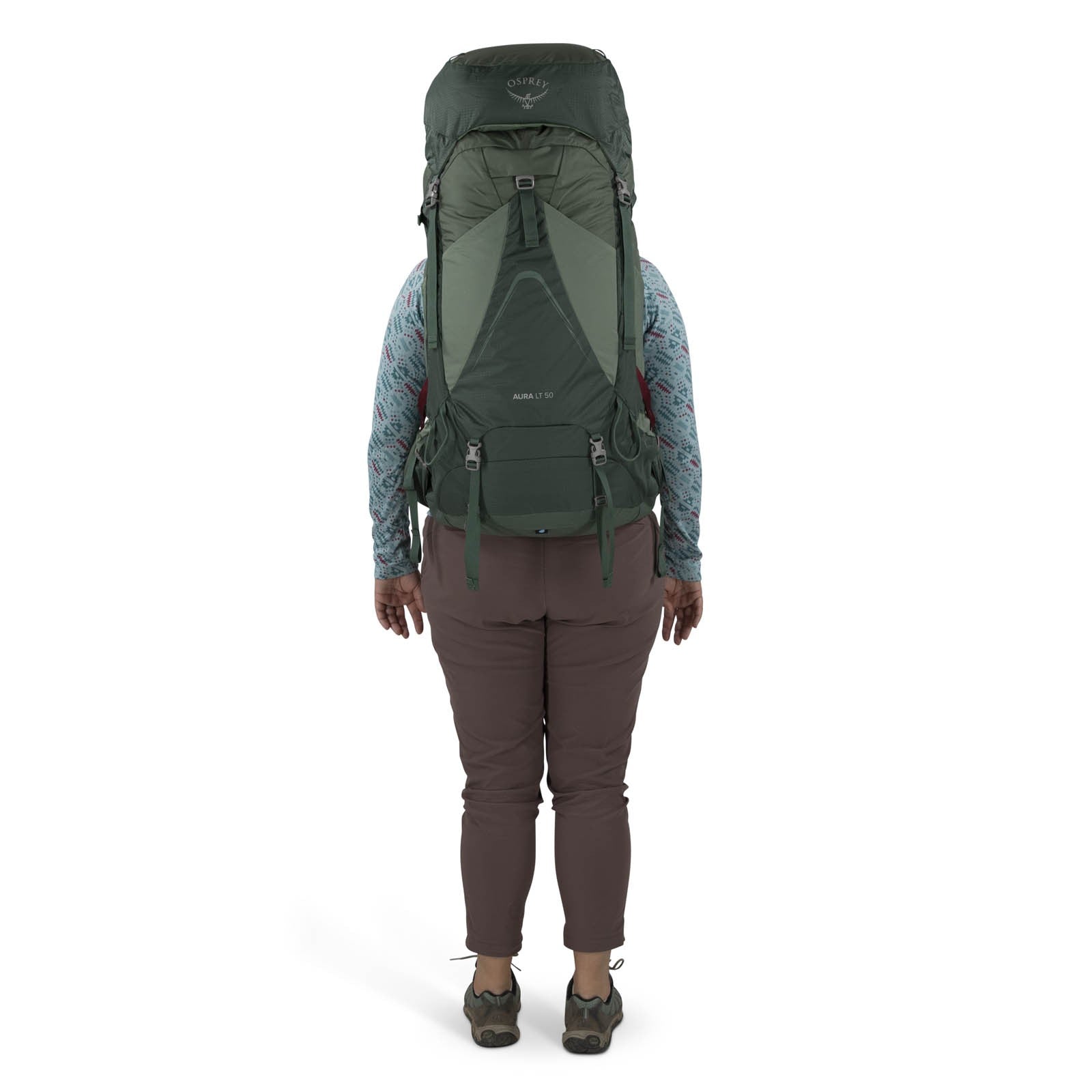 Osprey Aura AG LT 50 Backpacking Pack 50L in Koseret/Darjeeling Spring Green — lifestyle 3