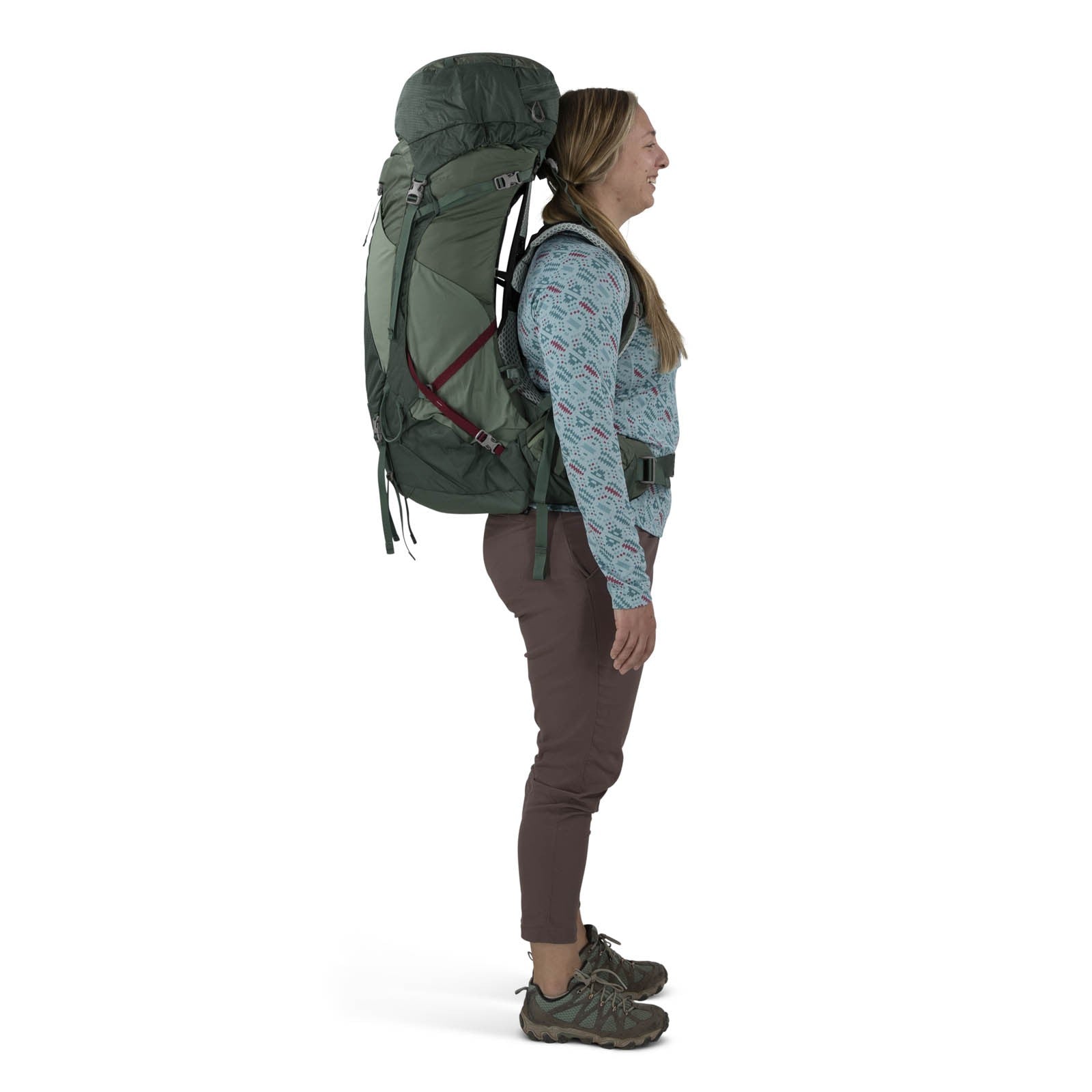 Osprey Aura AG LT 50 Backpacking Pack 50L in Koseret/Darjeeling Spring Green — lifestyle 4