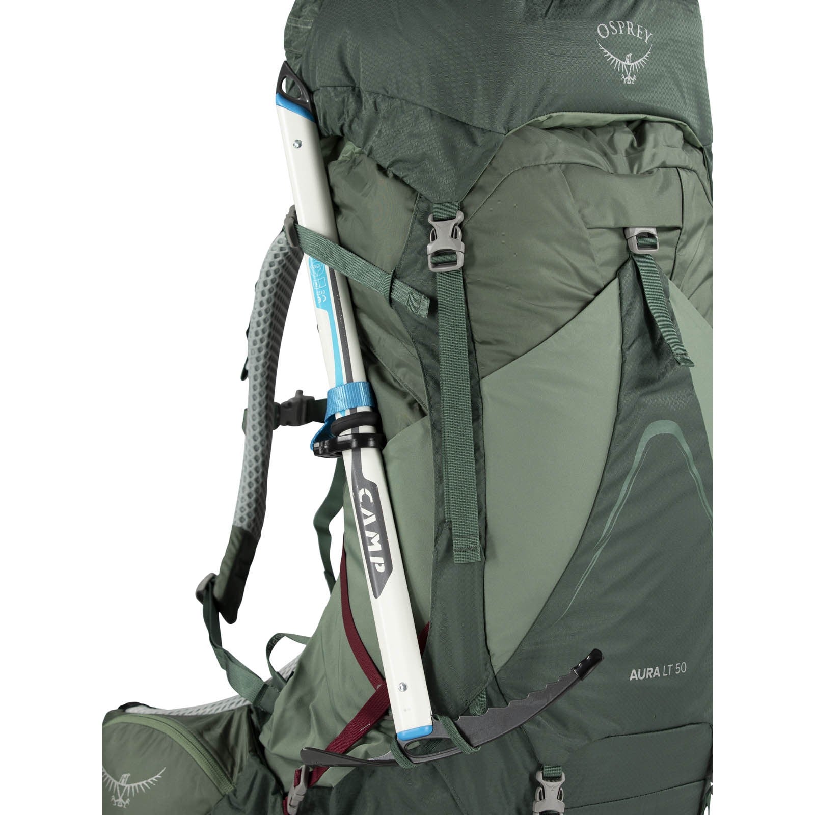 Osprey Aura AG LT 50 Backpacking Pack 50L in Koseret/Darjeeling Spring Green — detail view