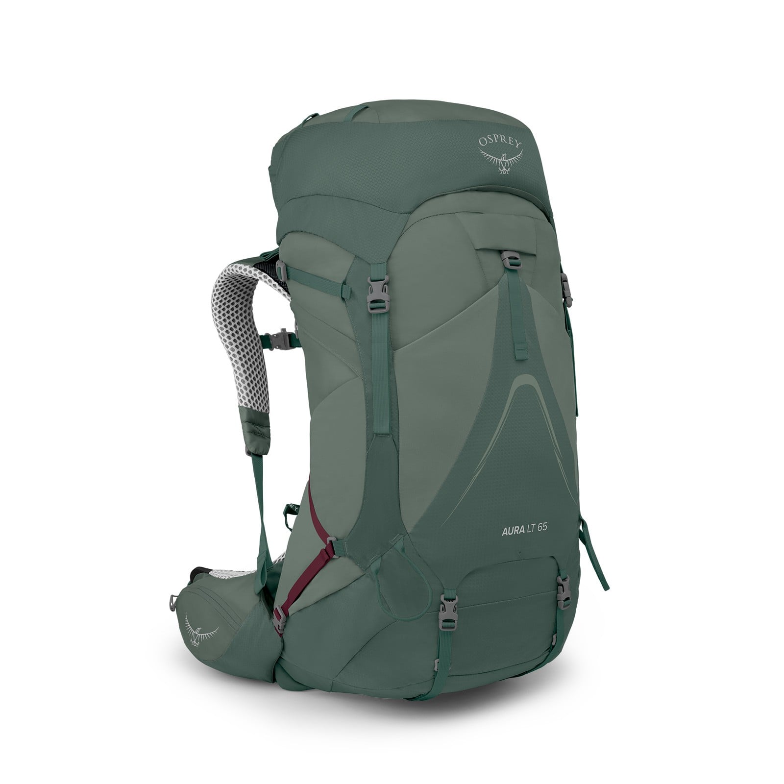 Osprey Aura AG LT 65 Backpacking Pack 65L in Koseret/Darjeeling Spring Green — front view