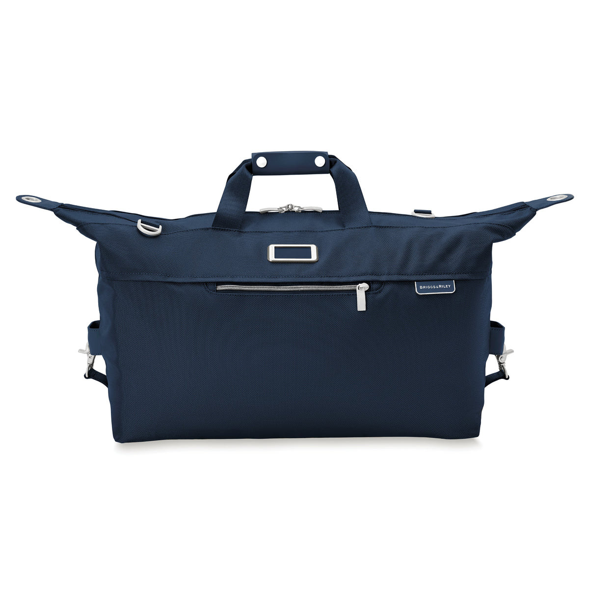 Briggs & Riley Baseline Weekender Duffle in Navy — front view (flaps extended)