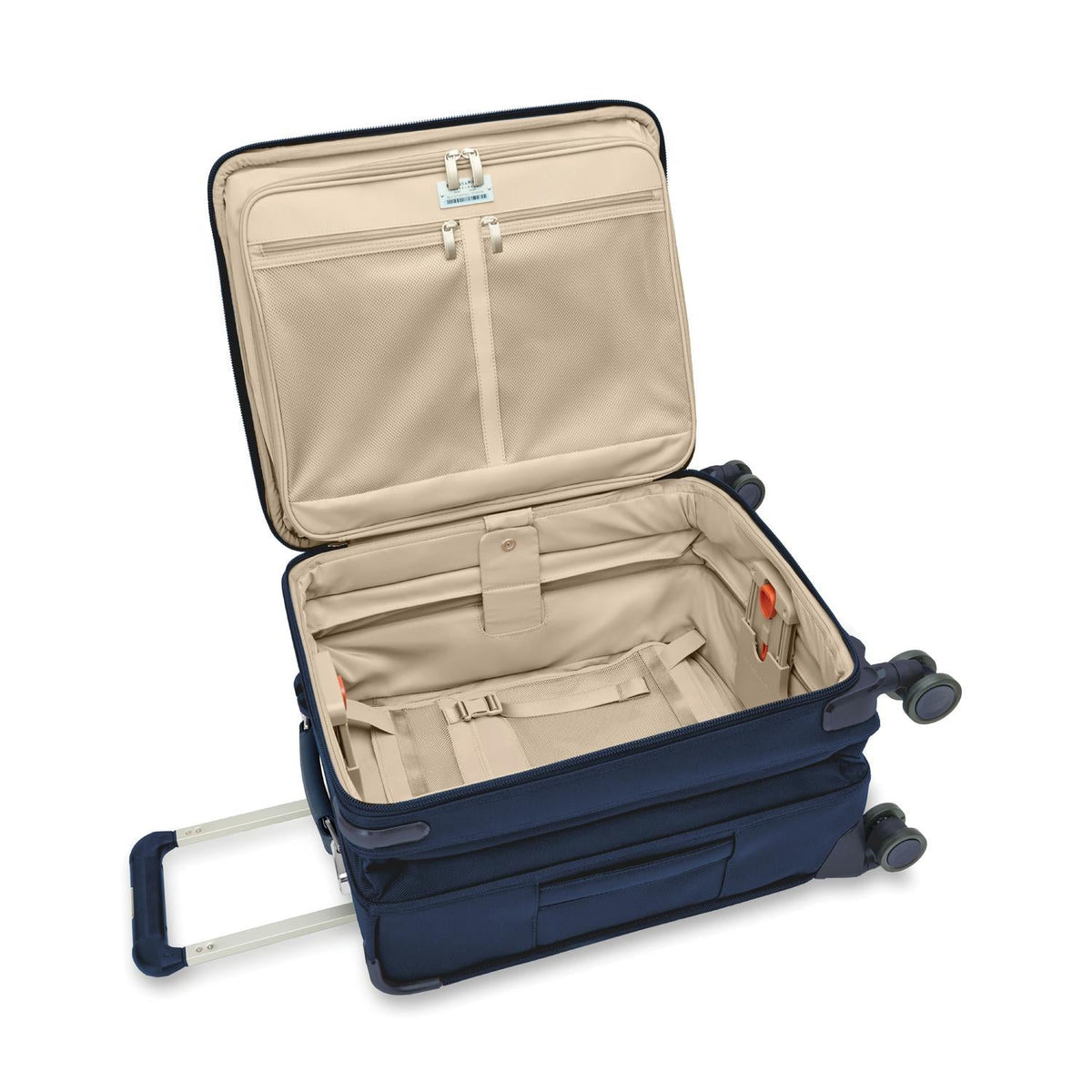 Briggs & Riley Baseline Global 21" Carry-On Expandable Spinner in Navy — interior view