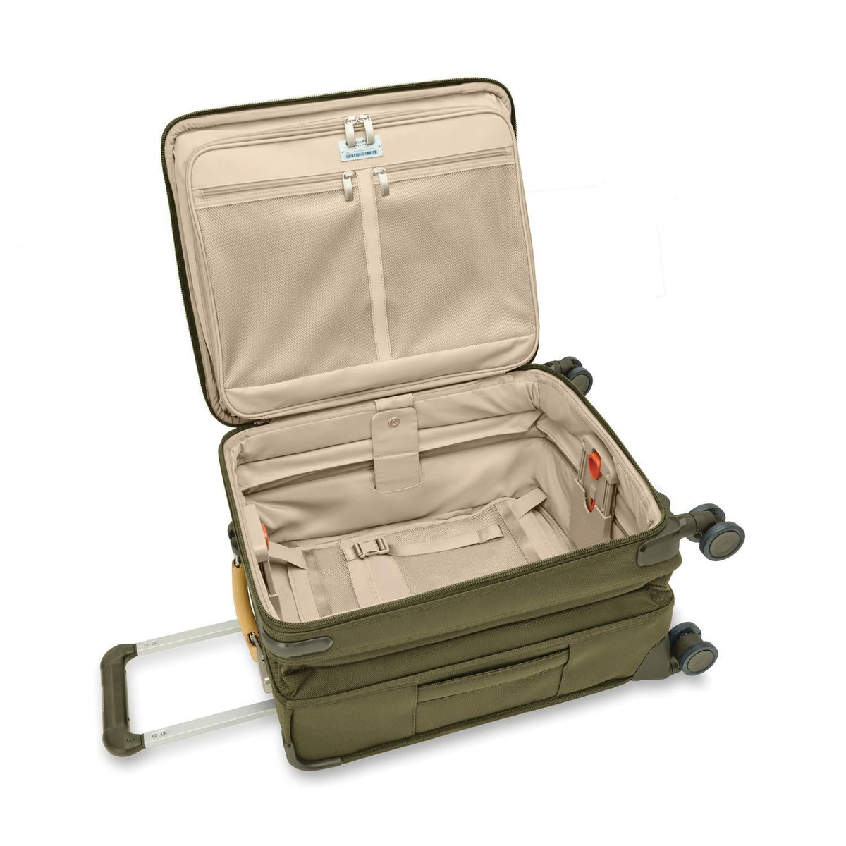 Briggs & Riley Baseline Global 21" Carry-On Expandable Spinner in Olive — interior view