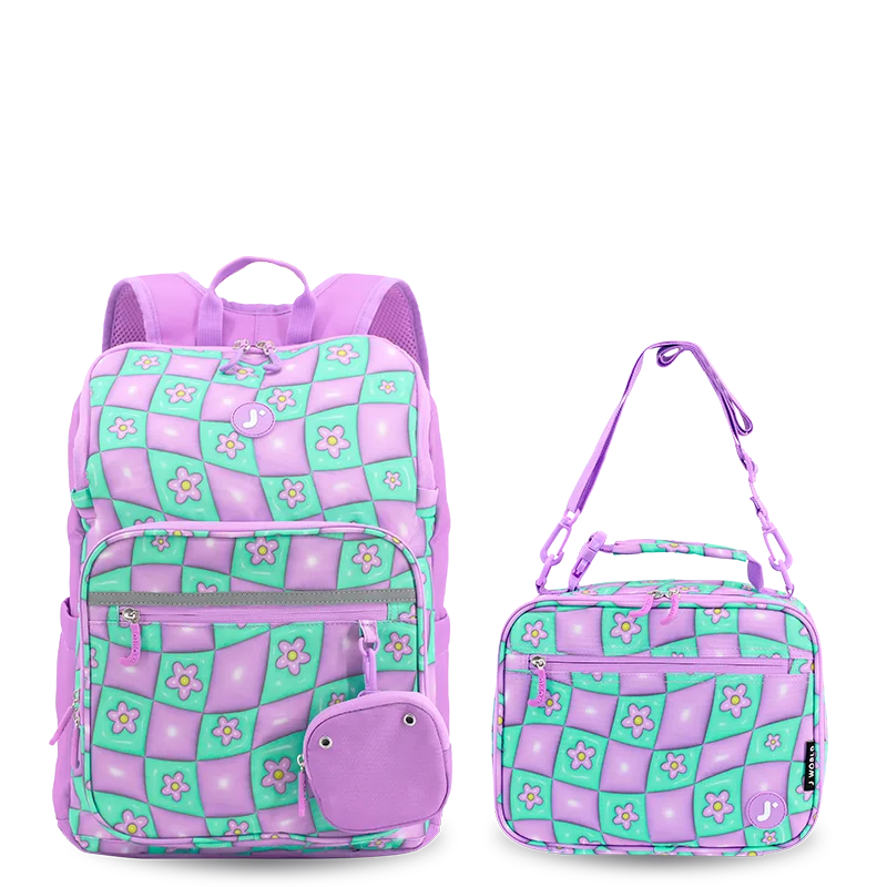 J World Junior Backpack With Lunch Box For School in Puffy Flower — front view # color_Puffy Flower