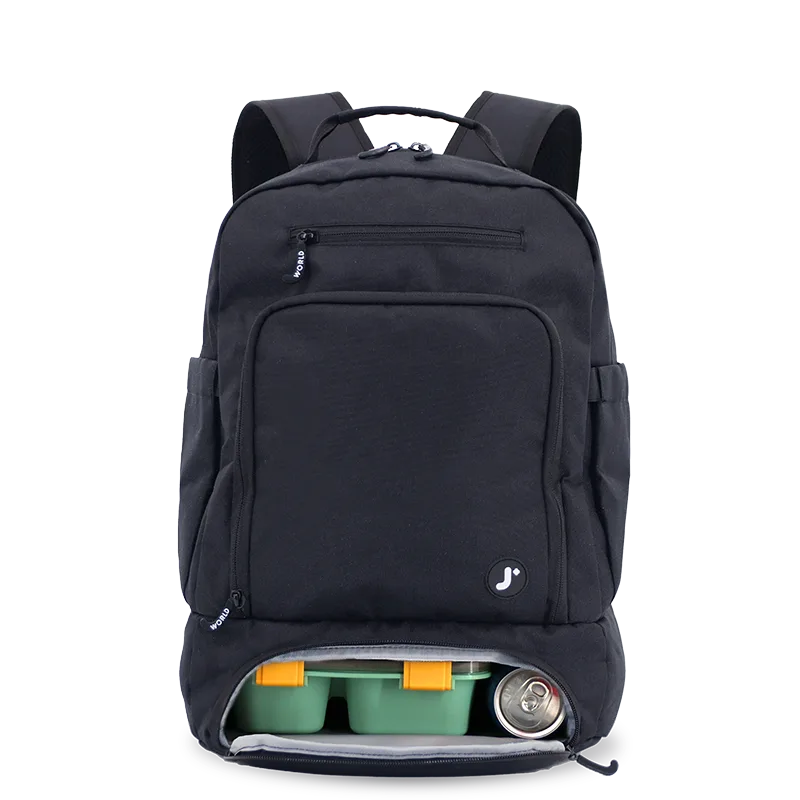 J World Packmate 2-in-1 Backpack With Built-in Lunch Bag in Black — front view # color_Black
