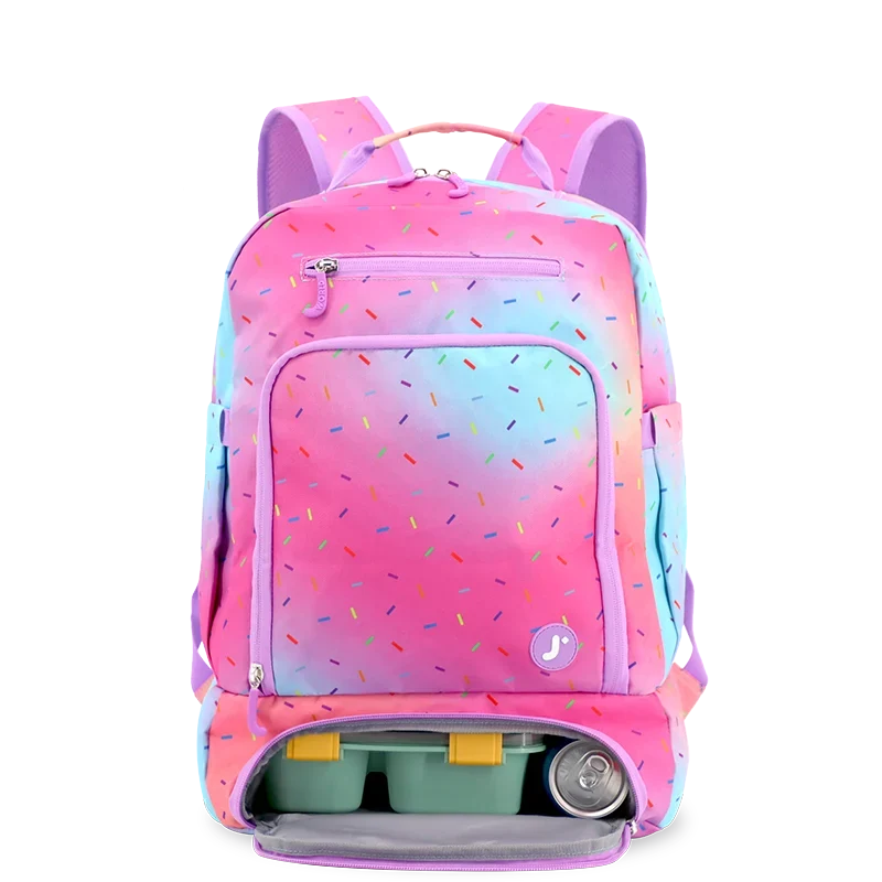 J World Packmate 2-in-1 Backpack With Built-in Lunch Bag in Confetti — front view # color_Confetti