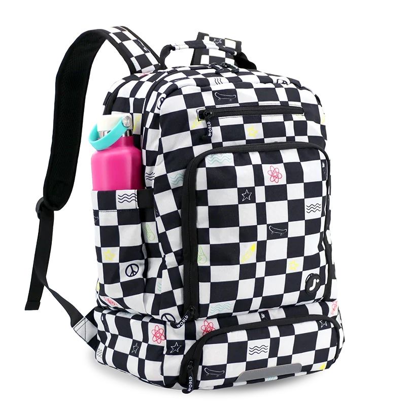 J World Packmate 2-in-1 Backpack With Built-in Lunch Bag in Icon Checkers — angle view 2 # color_Icon Checkers