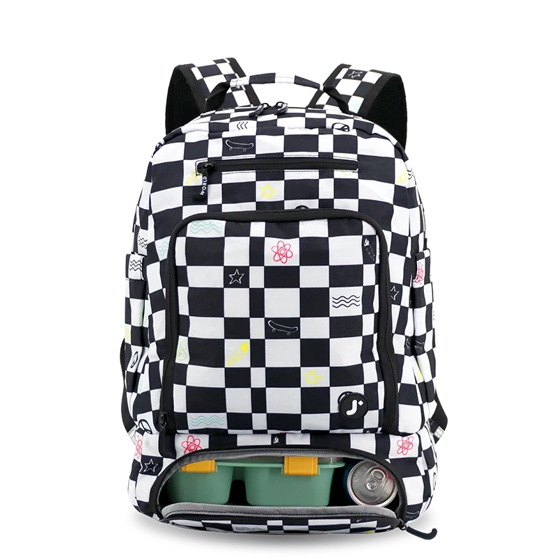 J World Packmate 2-in-1 Backpack With Built-in Lunch Bag in Icon Checkers — front view # color_Icon Checkers
