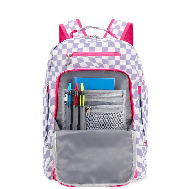 J World Packmate 2-in-1 Backpack With Built-in Lunch Bag in Lavender Checkers — interior view # color_Lavender Checkers