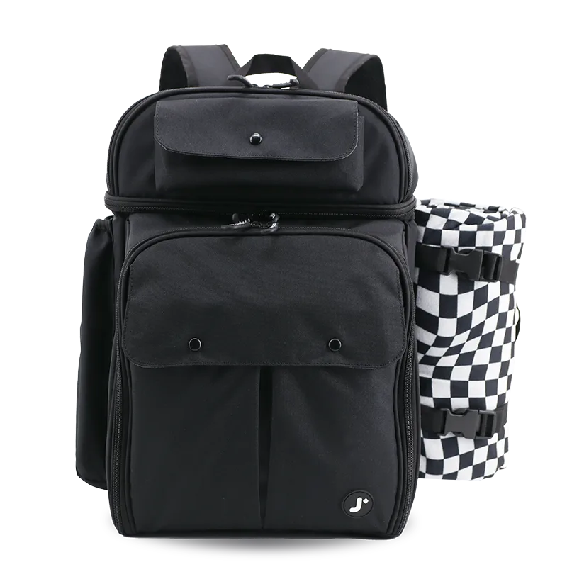 J World Picnic Backpack with Insulated Compartments & Picnic Mat in Black — front view # color_Black