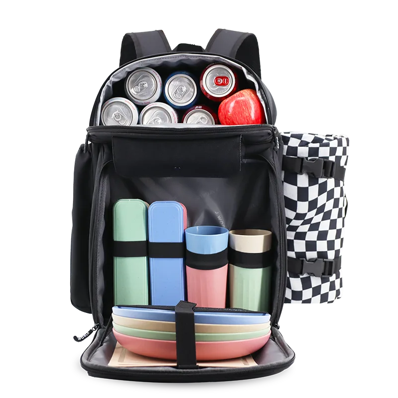J World Picnic Backpack with Insulated Compartments & Picnic Mat in Black — interior view # color_Black