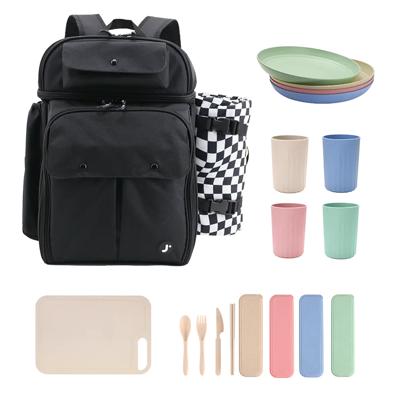 J World Picnic Backpack with Insulated Compartments & Picnic Mat in Black — front view 2 # color_Black