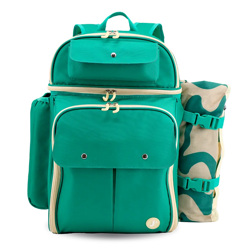 J World Picnic Backpack with Insulated Compartments & Picnic Mat in Green — front view # color_Green