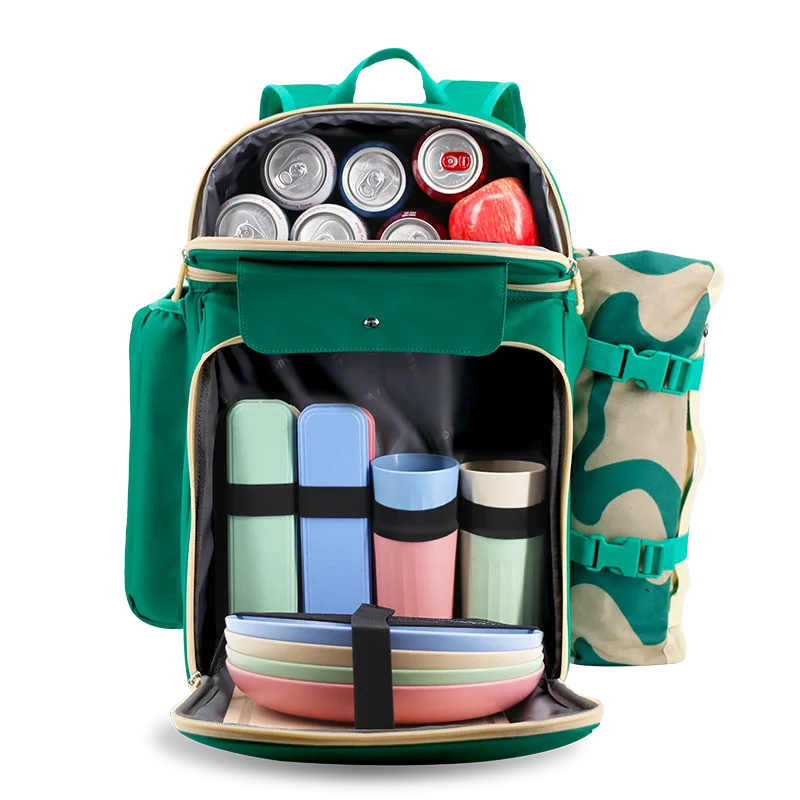 J World Picnic Backpack with Insulated Compartments & Picnic Mat in Green — interior view # color_Green